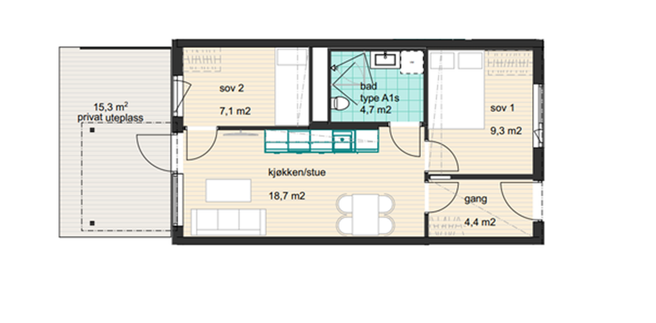 God og effektiv planløsning med to store soverom og felles kjøkken/stue-løsning